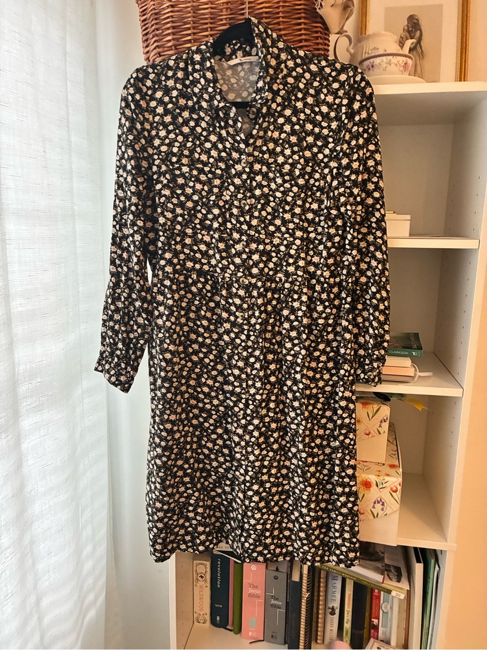 Black Floral Long Sleeve Button Front Dress